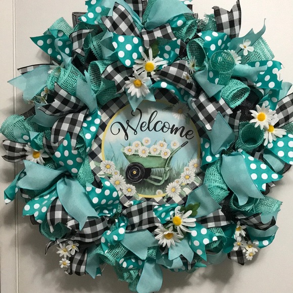 Handmade by Barbara Other - (NEW)  Spring "Welcome" Deco Mesh and Ribbon Wreath